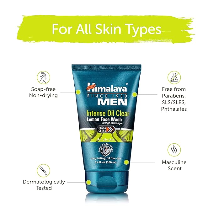 Himalaya Men's Intense Oil Clear Lemon Face Wash, Deep Cleaning Daily Facial Cleanser, Non-Drying, For Normal to Oily Skin, 3.38 oz