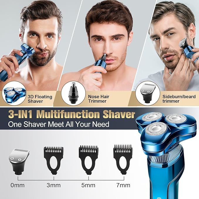 Men's Electric Razor, Upgraded 4D Floating Magnetic Blade Head Rotary Shaver, 3-in-1 Multifunctional for Beard/Nose/Sideburns, IPX7 Waterproof Rechargeable Cordless Shaver, Turbo Speed, Gift for Men
