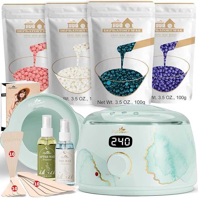 Lifestance Waxing Kit for Women & Men - L3 Serene Gold Digital Warmer, Silicone Wax Pot Liner, Hair Removal Kit with 14.1oz Hard Wax Beads & Oil Spray, Professional for Home Brazilian Bikini Face Leg