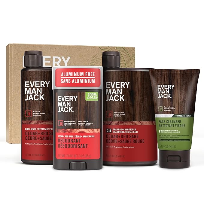 Every Man Jack Men's Bath and Body Gift Set - Cedar & Red Sage Scent - Clean Ingredients - Includes Hydrating Body Wash, 2-in-1 Shampoo, Aluminum-free Deodorant & Face Wash