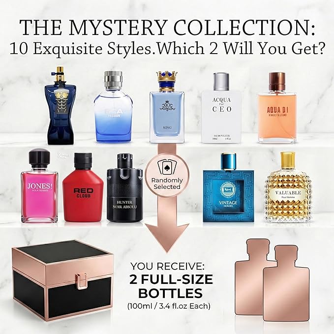 Hybrid & Company Men's Cologne Mystery Box 2Pcs, Surprise Blind Box Random Scent, Extended Wear Fragrance Eau de Parfum Cologne Gift Set for Men, 3.4 Fl Oz Each