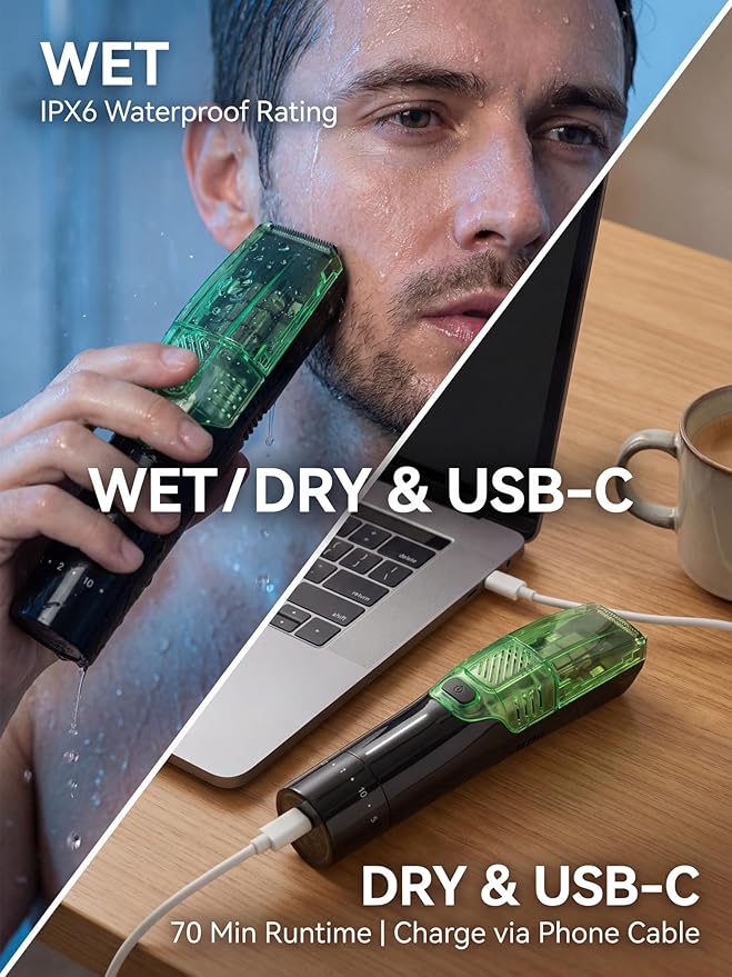 Vacuum Beard Trimmer for Men – 2-Speed Adjustable Suction & Power, IPX6 Waterproof Wet/Dry Cordless Hair Clipper. 40 Length Settings (0.5-20mm), USB-C Fast Charge, Magnetic Easy-Clean Bin&Travel Lock