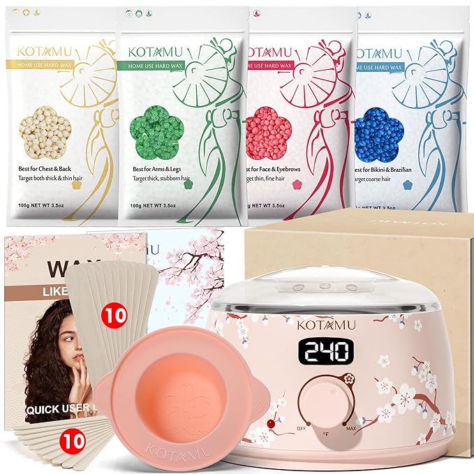 KOTAMU Waxing Kit for Women & Men, Wax Warmer for Hair Removal, Digital Wax Kit with Silicone Pot，Ideal for Face Eyebrow Arm Legs Armpit &Sensitive Skin, Waxing Machine for Home Salon Use- Cherry
