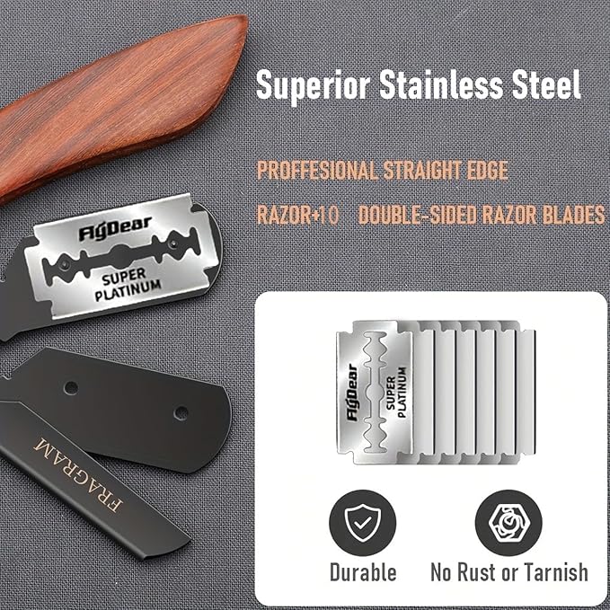 wooden handle manual shaving razor with replacement blade compatible with S23 stainless steel hair clipper, used for shaving razors (剃须刀架+10片刀片)