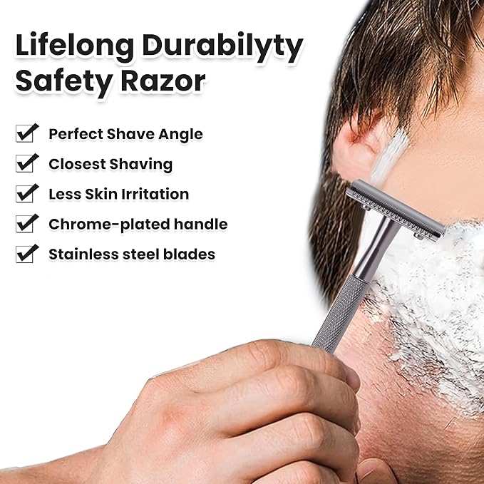 Double Edge Razor With Stand and 10 Premium Stainless Steel Blade Safety Razors For Men Shaving Razor, Matte Black Double Edge Safety Razor, Gun Black