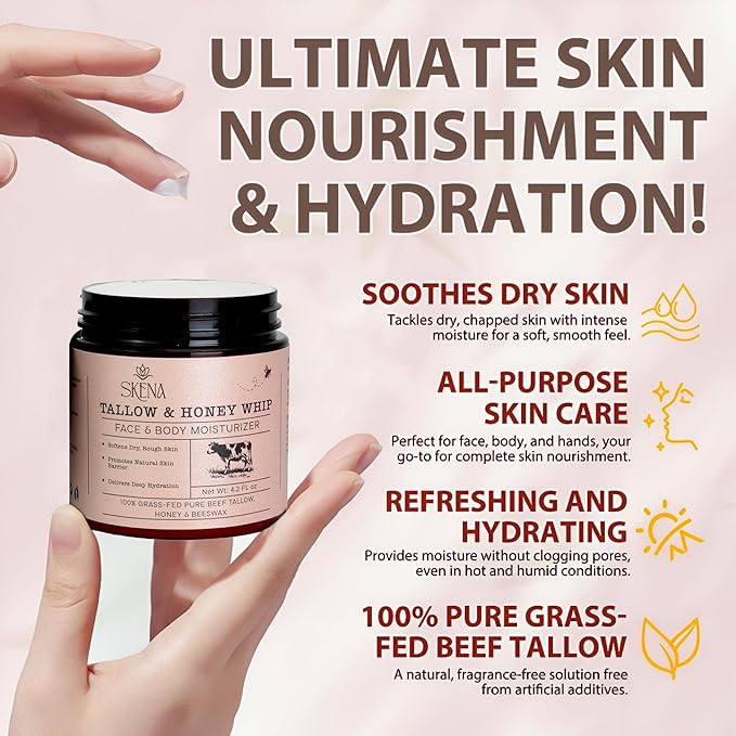 Grass-Fed Beef Tallow Moisturizer with Honey & Beeswax – Whipped Tallow Face Cream for Deep Hydration – Natural Face & Body Balm for Dry, Sensitive Skin – 4.2 oz for Men & Women
