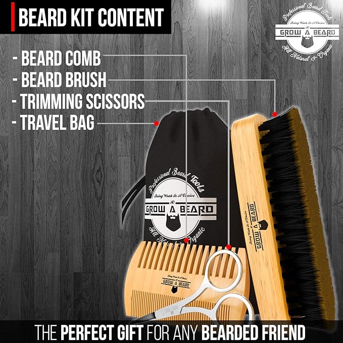 Beard Brush For Men & Beard & Mustache Comb Set with Scissors, Beard Grooming Kit, 100% Natural Boar Bristle Brush, Dual Action Wood Comb, And Travel Bag, Great Fathers Day Gift, Gift for Him