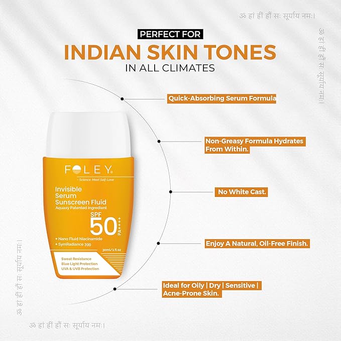 Foley Invisible Sunscreen Fluid SPF 50 PA++++, 30ml | For Indian Skin | Lightweight, Fast-Absorbing | No White Cast | Daily UV Protection for All Indian Weathers - Men and Women, All Skin Types