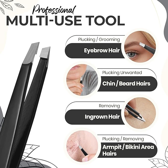 Professional Slant Tip Eyebrow Tweezers for Women & Men – Precision Hair Removal Tool – Stainless Steel Tweezers for Eyebrow Shaping, Facial Hair, Ingrown Hair & Splinter Removal (Lustrous Black)