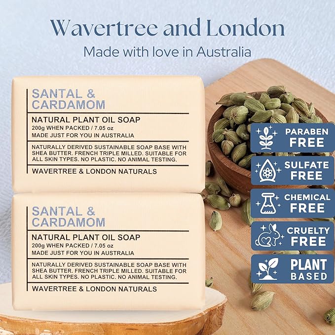 Wavertree & London Santal & Cardamon Scented Natural Soap Bars (2 Bars), 7oz Moisturizing French Triple Milled Soap enriched with shea butter - Plant Oil Bath & Body Soap Bars [100% Naturally derived]