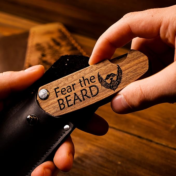 Beard Comb Personalized Gifts Anniversary Gift Wooden Brush Custom Comb Groomsmen Gift Hair Brush Pocket Brush Birthday Gift for Boyfriend (Walnut, Fear The Beard)