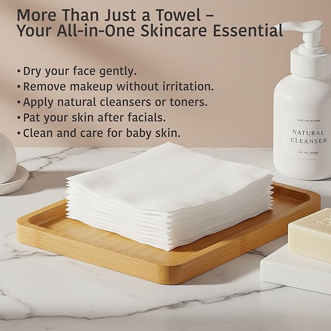 Disposable Cotton Face Towels – Super Soft Face Dry Wipes, Hypoallergenic Makeup Remover Wipes, for All Skin Types Incl. Sensitive Skin, Facial Cloths 100% Biodegradable- 50 Count