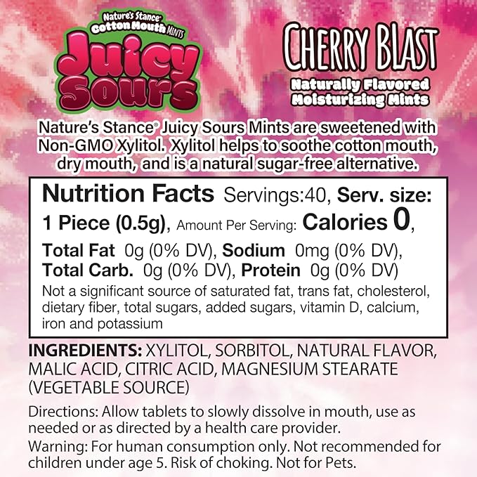 Nature’s Stance Cotton Mouth Juicy Sours Xylitol Mints for Dry Mouth Relief - Sugar Free Mints, Stimulate Saliva & Freshen Breath, Throat, Teeth, Gums - Xylitol Lozenges, 40 Count (Cherry Blast)