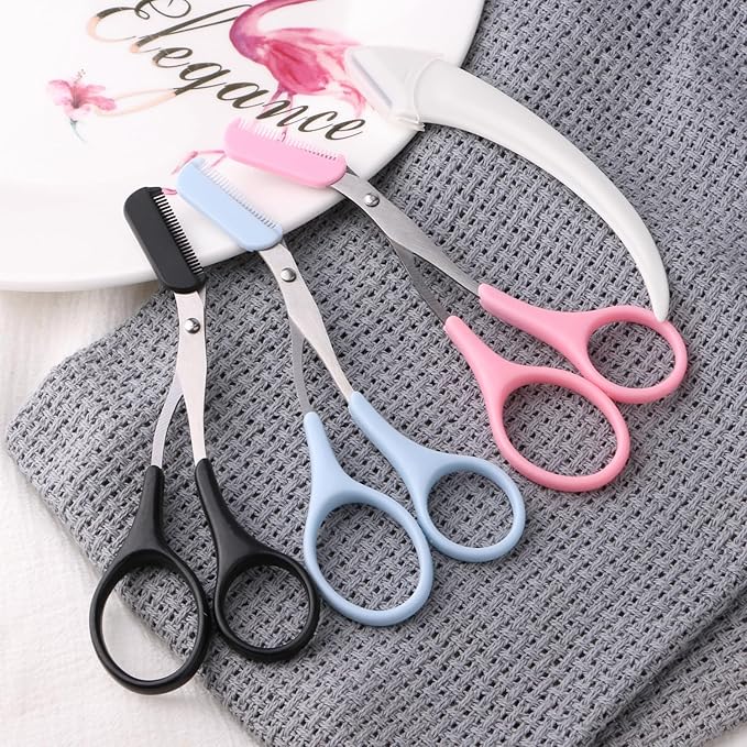 3pcs-Eyebrow Scissors with Eyebrow Razor,Professional Eyebrow Trimmer Scissors with Comb,Non Slip Finger Grips Eyebrow Trimmer, Hair Removal Beauty Accessories for Men Women (Black, Pink, Blue)
