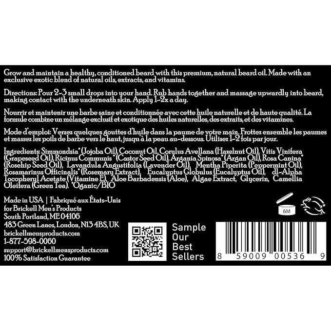 Brickell Men's Beard Oil for Men, Natural and Organic Argan and Jojoba Oil to Strengthen and Soften Hair, 1 Ounce, Scented
