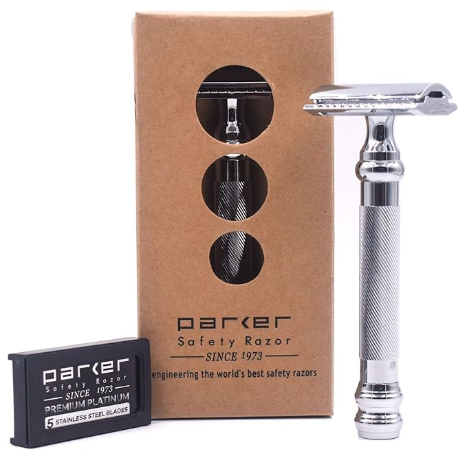 Parker 98R Heavyweight 3-Piece Double Edge Safety Razor – Long Handle, Closed Comb Design for Smooth Wet Shaving, Includes 5 Platinum Blades – Iconic Brand in Traditional Shaving