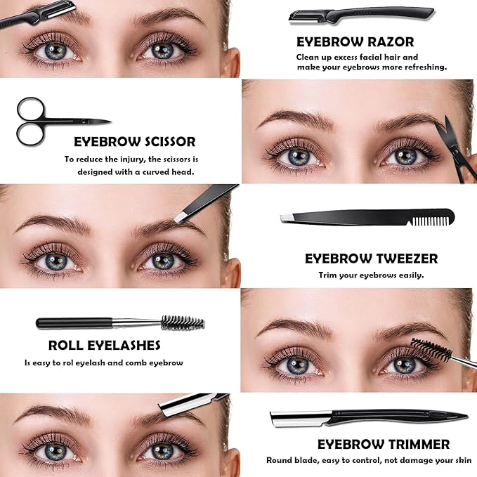 Eyebrow Razor Kit, 6 in 1 Professional Eyebrow Grooming Set for Women and Men, Including 3 Eyebrow Razors Trimmer,1 Tweezer,1 Scissor,1 Eyelashes Roller,1 Storage Bag