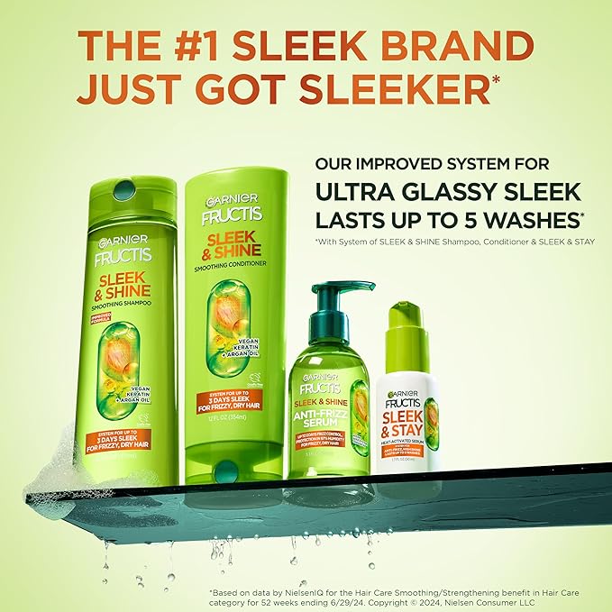 Garnier Fructis Sleek & Shine Shampoo, Smoothing Shampoo for Frizzy, Dry Hair with Argan Oil and Vegan Keratin, 33.8 Fl Oz (Packaging May Vary)