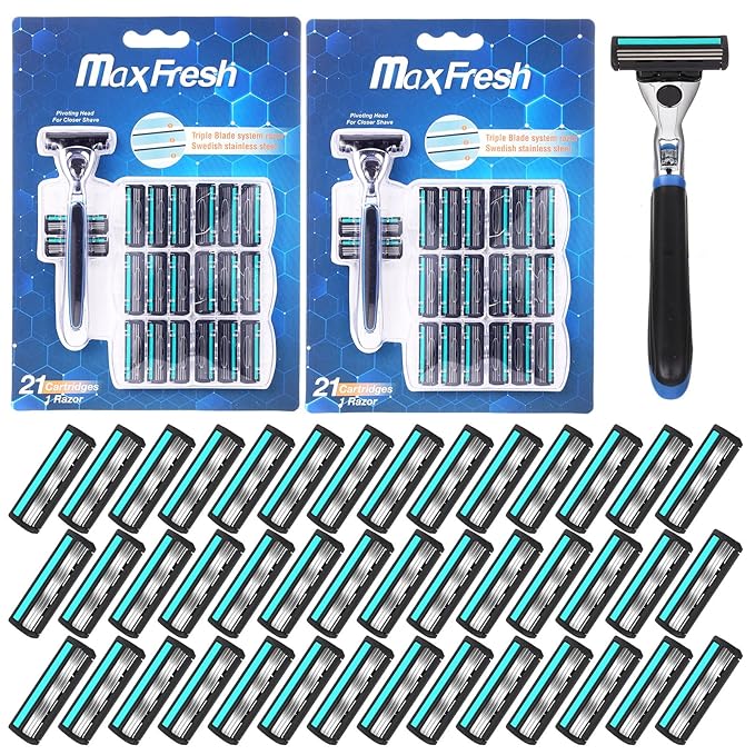 44 Pcs Razor Kit Refillable Three-blade Disposable Men's Razors Travel Shave Set Shaving Kit for Sensitive Skin, 2 Handle and 42 Cartridges