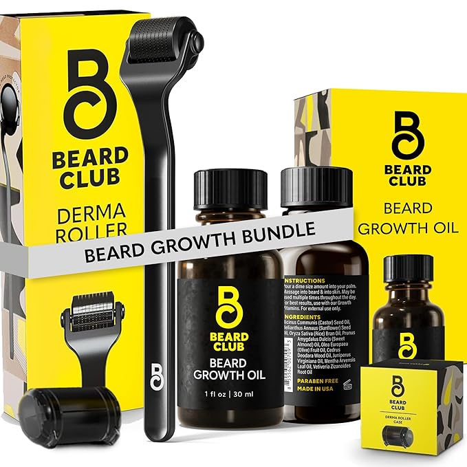 Beard Club Premium Derma Roller & Beard Growth Oil - Microneedling Roller with 540 Titanium Microneedles for Face, Body and Scalp - Beard Roller with Sandalwood & Cedar Beard Oil
