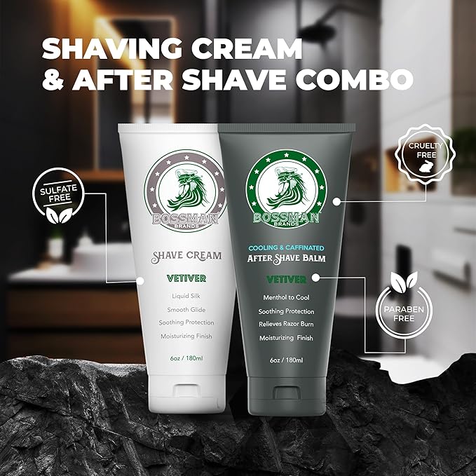 Bossman Cooling & Caffeinated After Shave Balm for Men – Soothes & Protects with Menthol, Caffeine & Tea Tree – Vetiver X Scent