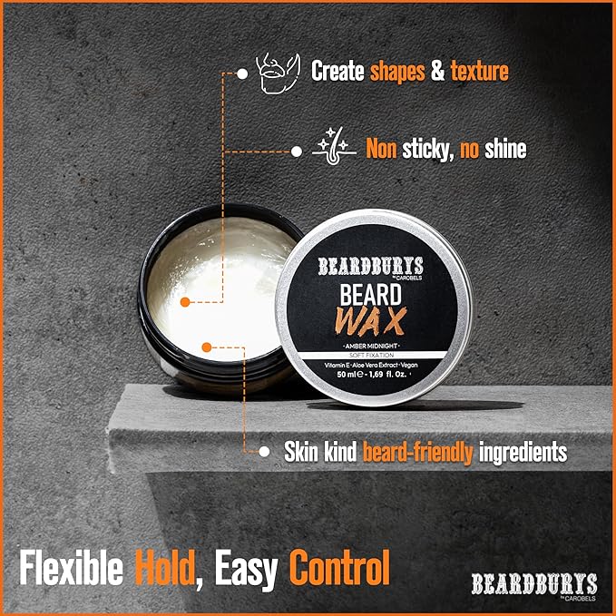 Beardburys Beard Wax Moustache Wax for Men Strong Hold Tame Style Mustache Wax Soft Fixing Long-Lasting Groomed Look Grooming Wax Paraben Free Made With Natural Ingredients Scented 50g