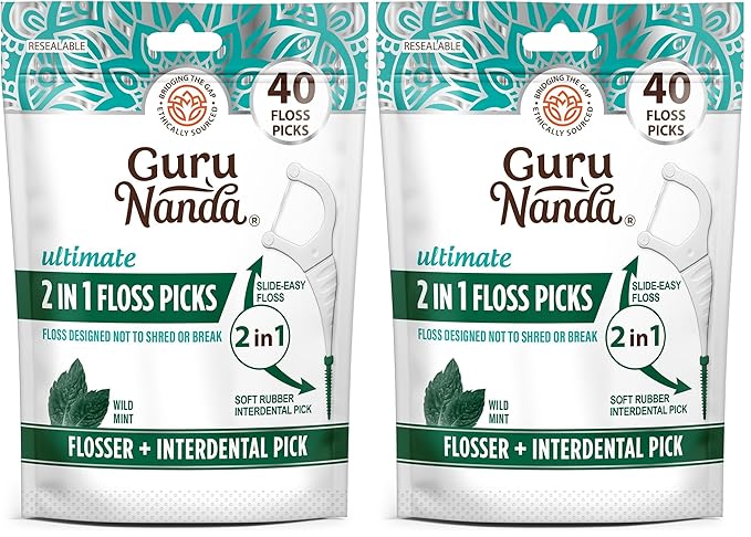 GuruNanda 2 in 1 Dental Floss Picks - Non-Slip Grip Handle, Slide Easy, No Break or Shred Flosser - Complete Oral Care with Interdental Pick for Healthy Teeth & Gums - Mint Flavor, 40 Count (2 Pack)