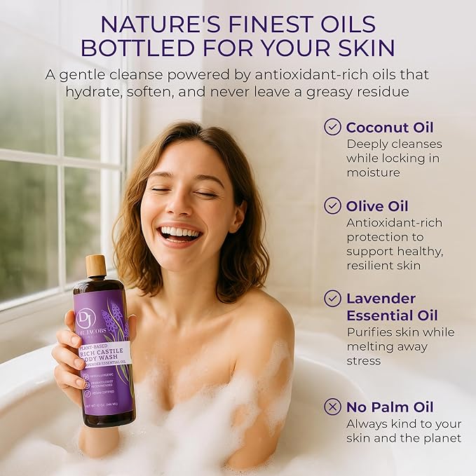 Dr. Jacobs Naturals Pure Castile Soap Liquid Body Wash, Lavender - Plant Based Soap Infused with Vitamin E and Aloe Vera to Moisturize Dry and Sensitive Skin - Made in The USA - 32 oz, Pack of 1