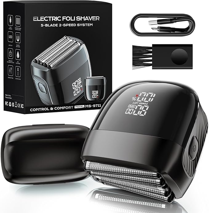 Electric Foil Shaver for Men: Upgraded 5-Blade System, IPX8 Waterproof & LED Display, 2 Power Levels, USB-C Fast Charge with Magnetic Guard & Brush Flannel Gray