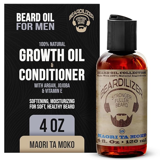 Beardilizer Maori Ta Moko Beard Oil for Men – 100% Natural Growth Oil & Conditioner with Argan, Jojoba & Vitamin E – Softening, Moisturizing for Soft, Healthy Beard – 4 Oz