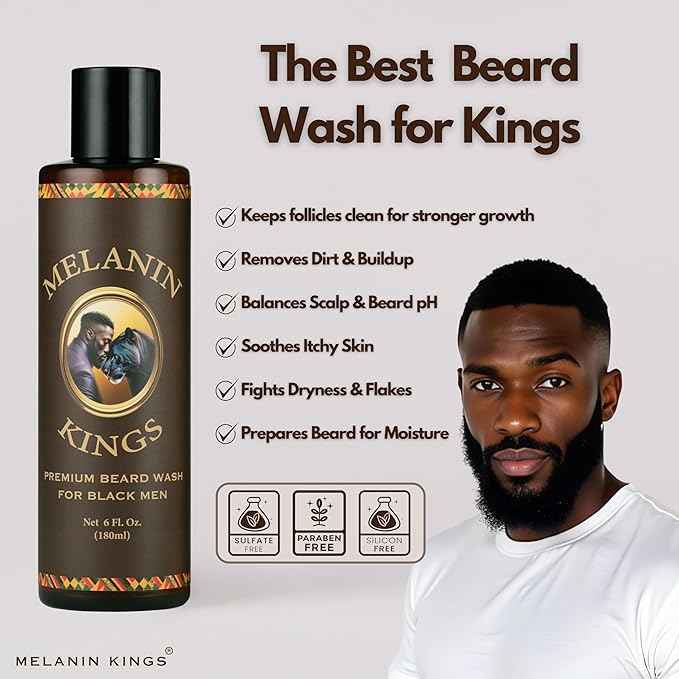 Melanin Kings Beard Wash & Conditioner Set for Black Men – Gently Cleanse, Hydrate & Soften Coarse, Dry and Curly Beards – African Oil Blend with Baobab, Marula, Argan & Jojoba