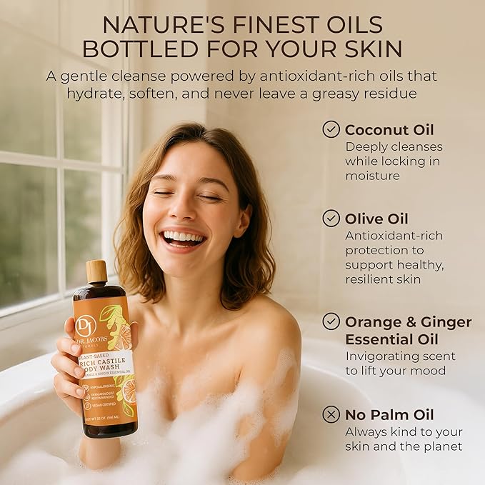 Dr. Jacobs Naturals Pure Castile Soap Liquid Body Wash, Orange & Ginger - Plant Based Soap Infused with Vitamin E & Aloe Vera to Moisturize Dry and Sensitive Skin - Made in The USA - 32 oz, Pack of 2