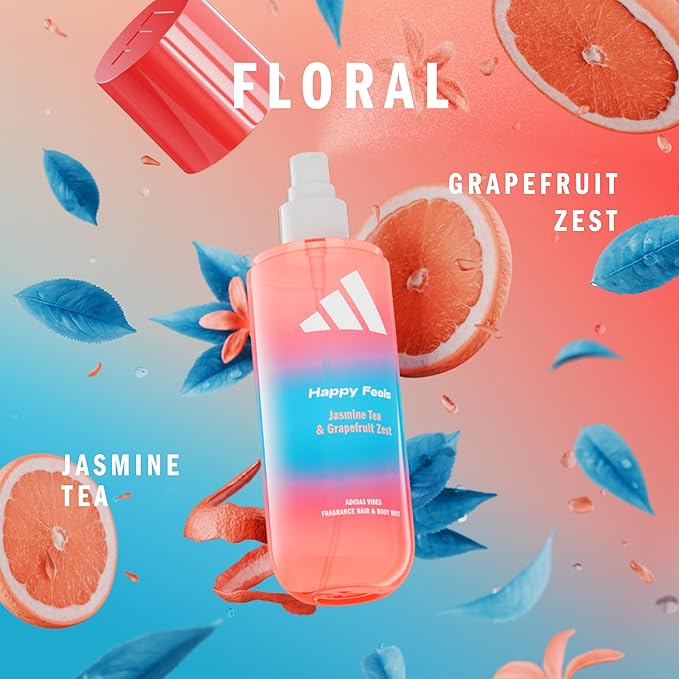 adidas Vibes Happy Feels Fragrance Hair & Body Mist for Women, Mood-Boosting, Notes of Jasmine Tea & Grapefruit Zest, For Any Occasion, 7.9oz