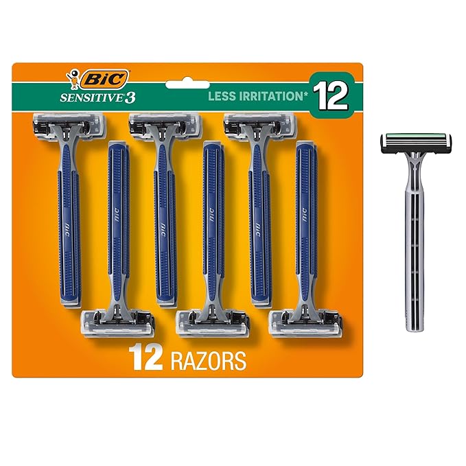 BIC Sensitive 3 Disposable Razors for Men With 3 Blades for Sensitive Skin, 12 Count Value Pack of Shaving Razors