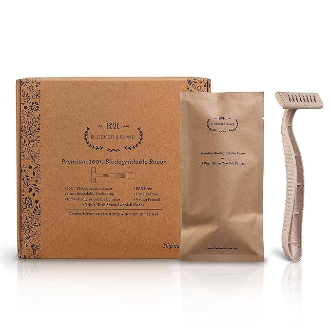 Bleeker and Rowe Eco Friendly Biodegradable Disposable Razors - Plant Based - Triple Swedish Steel Blades - Individually Wrapped (10)