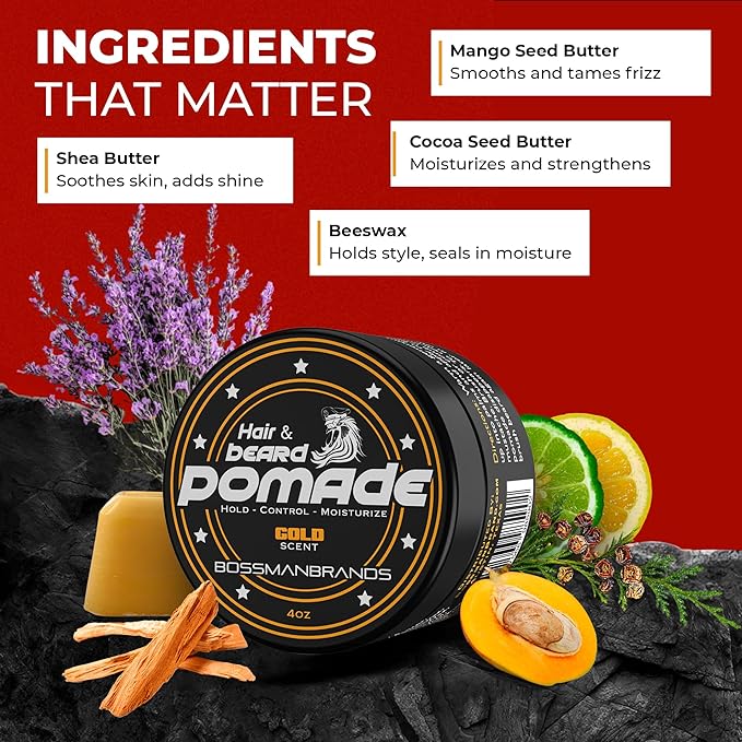 Bossman Hair & Beard Pomade for Men (Gold Scent) – Medium Hold & Moisturizing for Hair, Beard & Mustache Styling – Made in USA