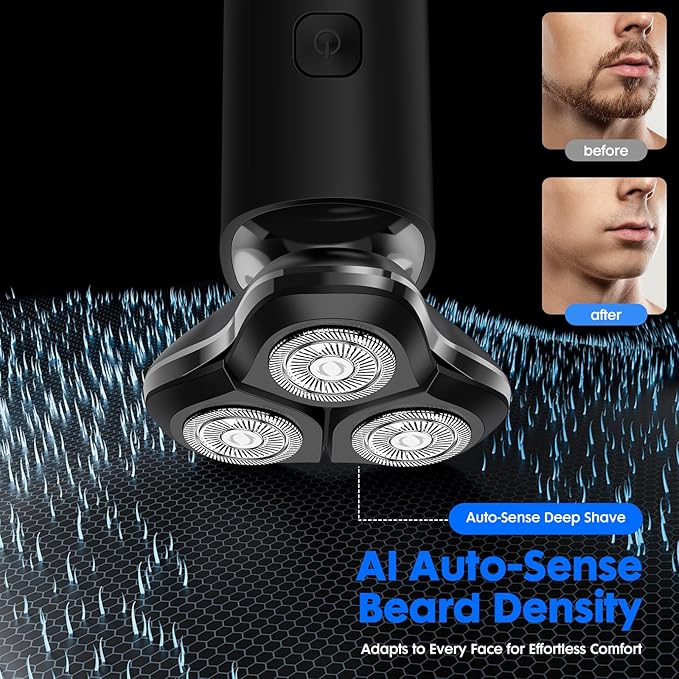 Black Electric Razor for Men with 3-Blade Rotary System, Touch Switch, LED Display, Travel Lock