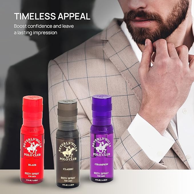Beverly Hills Polo Club Men's Luxury Body Spray Gift Set - 3 x 3oz Designer Cologne Scents for Dynamic Freshness, Confidence & Active Lifestyles | Gold Collection Ideal for Gifting