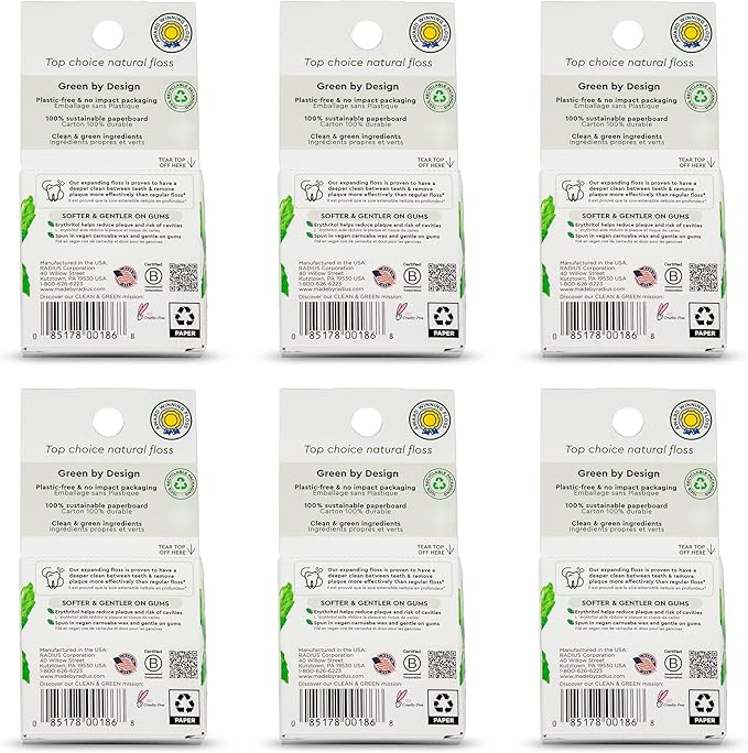 Radius Peppermint Dental Floss 55 Yards Vegan and Non-Toxic Oral Care Boost Total Tooth & Gum Protection Clear - Pack of 6