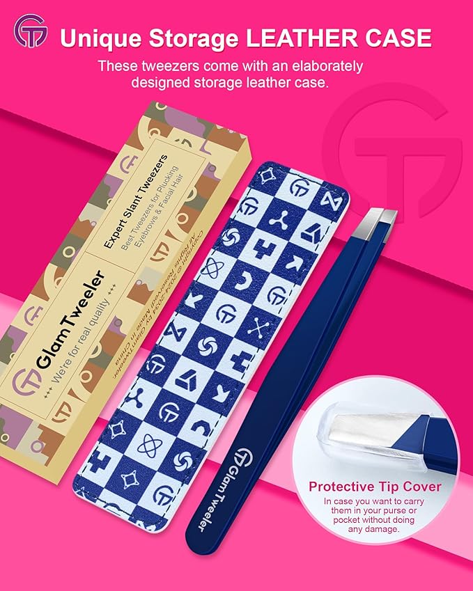 Expert Slant Tip Tweezers with Leather Travel Case, GlamTweeler Sharp & Precision Stainless Steel Tweezer for Eyebrows, Facial Hair and Fine Hairs Removal (Navy Blue)