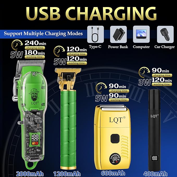 Hair Clippers for Men with LED Display, 4-Piece Cordless Grooming Kit with Hair Clipper, Beard Trimmer, Foil Shaver & Nose Trimmer, Complete Set for Home Barber