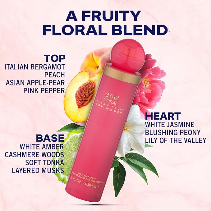 Perry Ellis 360° Coral Body Mist Spray for Women - Perfume for Women, Floral & Fruity Fragrance, EDT, Designer Scent for Her, Long Lasting - 8 fl oz (200 mL)