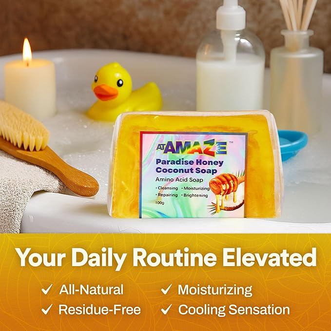 Paradise Amino Acid Organic Soap Bar, Moisturizing, Residue-Free Refreshing Cleanser, Cooling & Invigorating Bath Natural Soap for Women, Men & Kids with Plant-Based Oils, 100g Honey Coconut