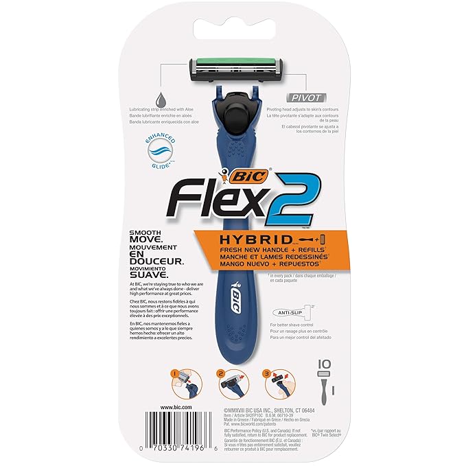 BIC® Flex2™ Hybrid Disposable Razor, Blue, 10 Pack