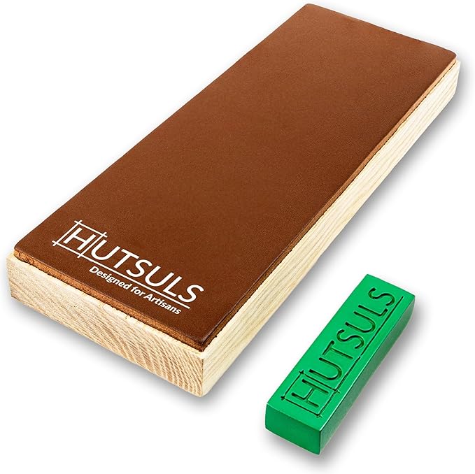 Hutsuls Leather Strop for Knife Sharpening - 3x9 Inch Wood Base Strop Block with Green Stropping Compound, Stropping Kit, Genuine Leather Knife Strop for Knives, Chisels and Straight Razors