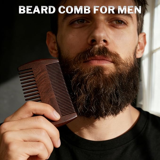 BFWood Mens Beard Comb, Small Travel Beard Set - Black Walnut Wood, Grooming Sandalwood Mustache Comb, Mustache Tools With Storage Bag
