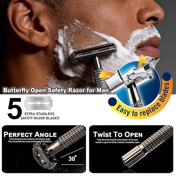 WEISHI Butterfly Open Double Edge Safety Razor for Men, Nostalgic Long Handle with 5 Stainless Razor Blades, Reusable Wet Shave Tool for Smooth, Close Shave