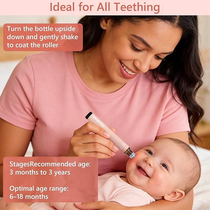 Teething Roller for Babies, 3-Pack Roll-On Applicator with Natural Ingredients, Cooling Comfort for Cheeks, Smooth & Mess-Free, Portable for Home & Travel Use