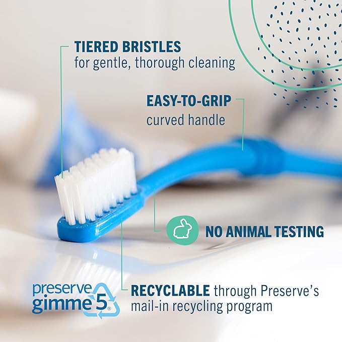 Preserve Eco Friendly Adult Toothbrushes, Made in The USA from Recycled Plastic, Ultra Soft Bristles, Paperboard Package, Colors Vary, 6 Count (Soft)