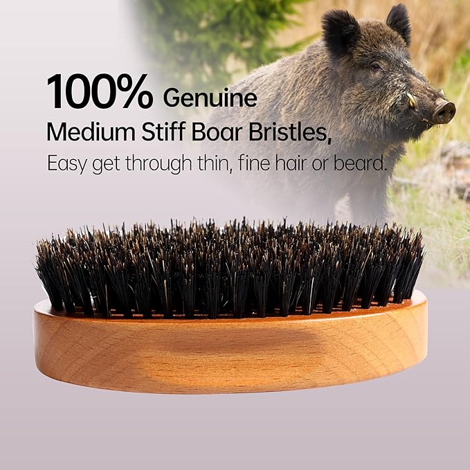 PERFEHAIR Boar Bristle Beard Brush for Men, Firm Bristles Wood Hair Comb for Mustache, Thin, Short Hair - Military Style